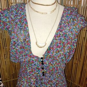 Women's Boho Sheer Floral Baby Doll with Tie & Black Buttons Plus 3X